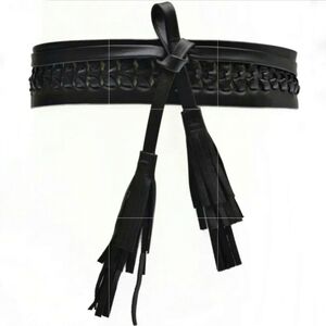 Ada Collection New Black Leather Tassel Wrap Tie Obi Statement Wide Belt OS